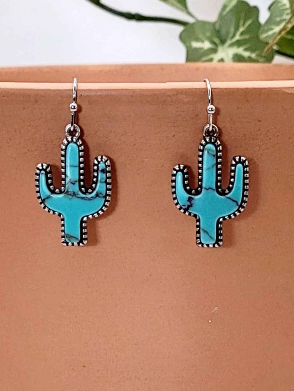 Turquoise Cactus Dangle Earrings Boho Western Design New